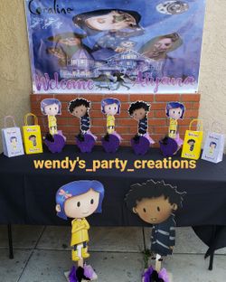 Party Decoration banner, centerpices, props, candy bags.