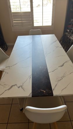 Faux marble table and 4 white chairs