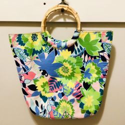 Vintage Talbots bamboo Handle Bag, Talbots Handbay, Floral Bags, Floral Beach bag, Talbots Handbag, Bright Floral Bag, Retro Summer beachbag