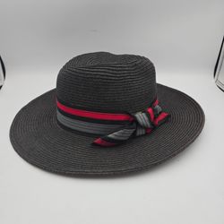 Something Special Women's Wide Brim Straw Sun Hat w/ Red Gray Band Bow