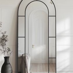 Antok 76" x 34" Full Length Mirror, Floor Mirror Arched Window Decorative Mirror, Metal Framed Decor Farmhouse Floor Mirrors Art Pane Mirrors Wall Dec