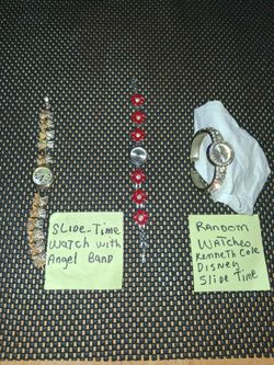 Random watches.. Kenneth Cole slide time Disney. Not working but may only need batteries.. selling as a bundle. All sales final.