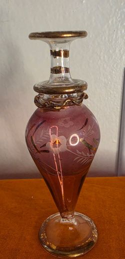 1 Egyptian Glass Perfume Bottle Hand Blown Gold Accent Beautiful Red,4.5" Tall.
