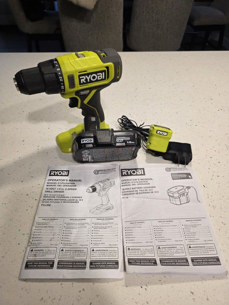 Ryobi 18v Cordless ½" Drill/Driver Kit w/Battery & Charger
