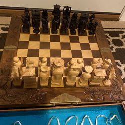 Vintage Large Wooden Chess Set Foldable With Storage Drawer