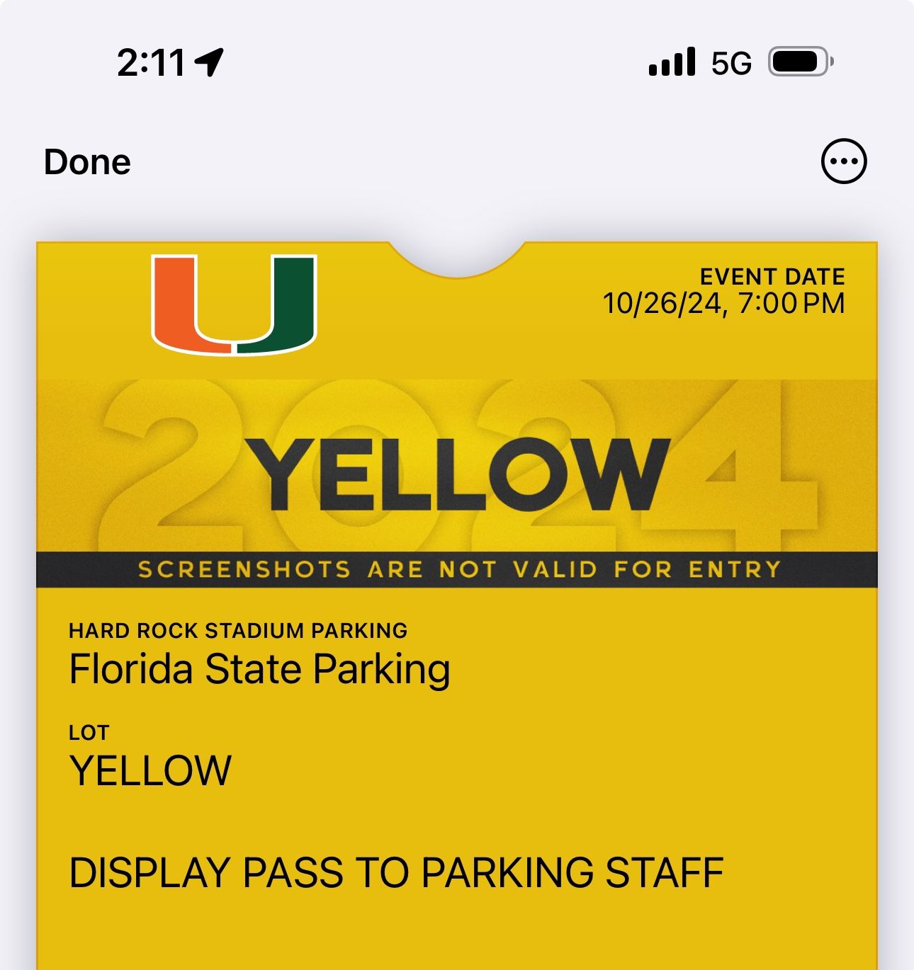 Miami FSU Yellow Parking Pass