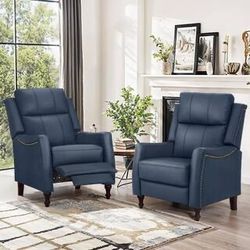 Navy Genuine Leather Recliner Chair Arm Chair with Rivets & Retractable Footrest (Set of 2)