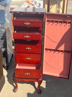 Cherry wood finish jewelry Armoire 6 drawers Lt door opens