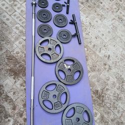 Standard weights plates with Barbell and Handlebars.