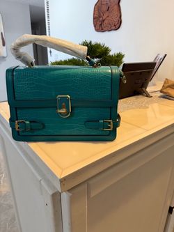 Teal Croc-Embossed Structured Handbag