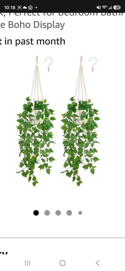 Mkono Fake Hanging Plant, Macrame Hanger with Pothos Vines & Pot, Ivory