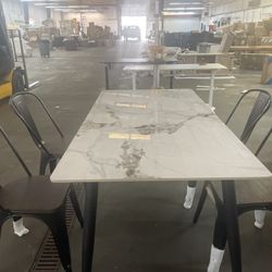 💥set of 5💥60 Inch Dining Table, White Sintered Stone, Tapered Metal Legs and 18 Inch Metal Dining Chairs,Arlunar Farmhouse Chairs Set of 4 Black Din