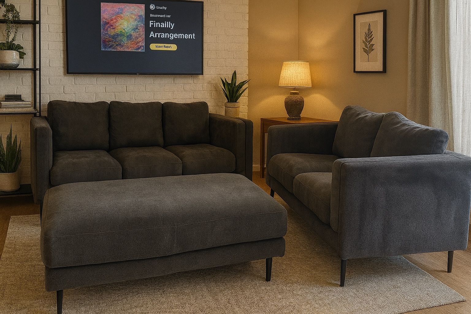 Dark Gray Living Spaces Aries II Sofa Set – Modern 3-Piece Couch Set with Ottoman – Deep Plush Cushions – Professionally Cleaned – Delivery Available