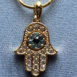 Crystal Hamsa Necklace with Blue Crystal Center On Snake Chain Gold Plated *Ship Nationwide Or Pickup Boca Raton