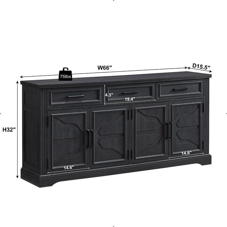 Farmhouse Sideboard Storage Cabinet with 3 Drawers & 4 Doors, 66'' Wide Buffet Cabinet for Dining Room, black