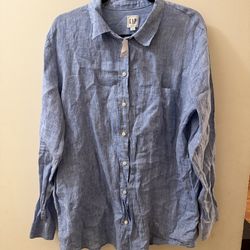 GAP Linen Boyfriend Shirt Large Blue Button Front Relaxed Lightweight