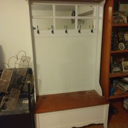 White/Wood Coat Rack With Storage 