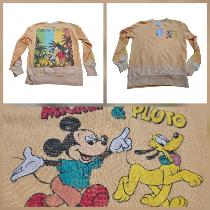 Disney Mickey Pluto Orange Hombre Crewneck Sweatshirt SZ S Pullover Sweater NWT