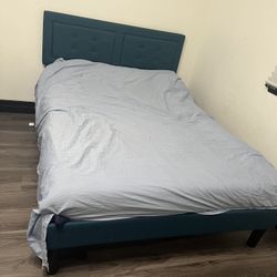 SHA CERLIN Queen-Size Upholstered Bed Frame with Adjustable Button-Tufted Headboard, Sturdy Wood Slat Support, Noise-Free, Blue