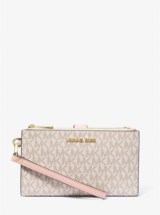 Michael Kors Signature Pink And Cream Jetset Wallet With Crossbody Strap