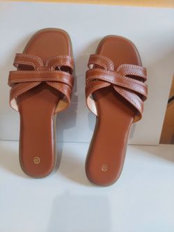 Brown Leather Flat Slide Sandals Size 38