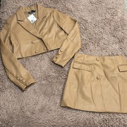 Forever 21 Women Tan Faux Leather Blazer And Skirt Set