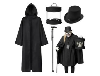 New 4pcs Halloween Adult Ghost Costume Cosplay for Men Full Set Haunted Hat Costume Outfits with Black Cape, Black Magician Hat, Large Felt Box, Cane