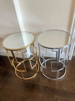 Set of 2 Round Metal and Glass Side Tables