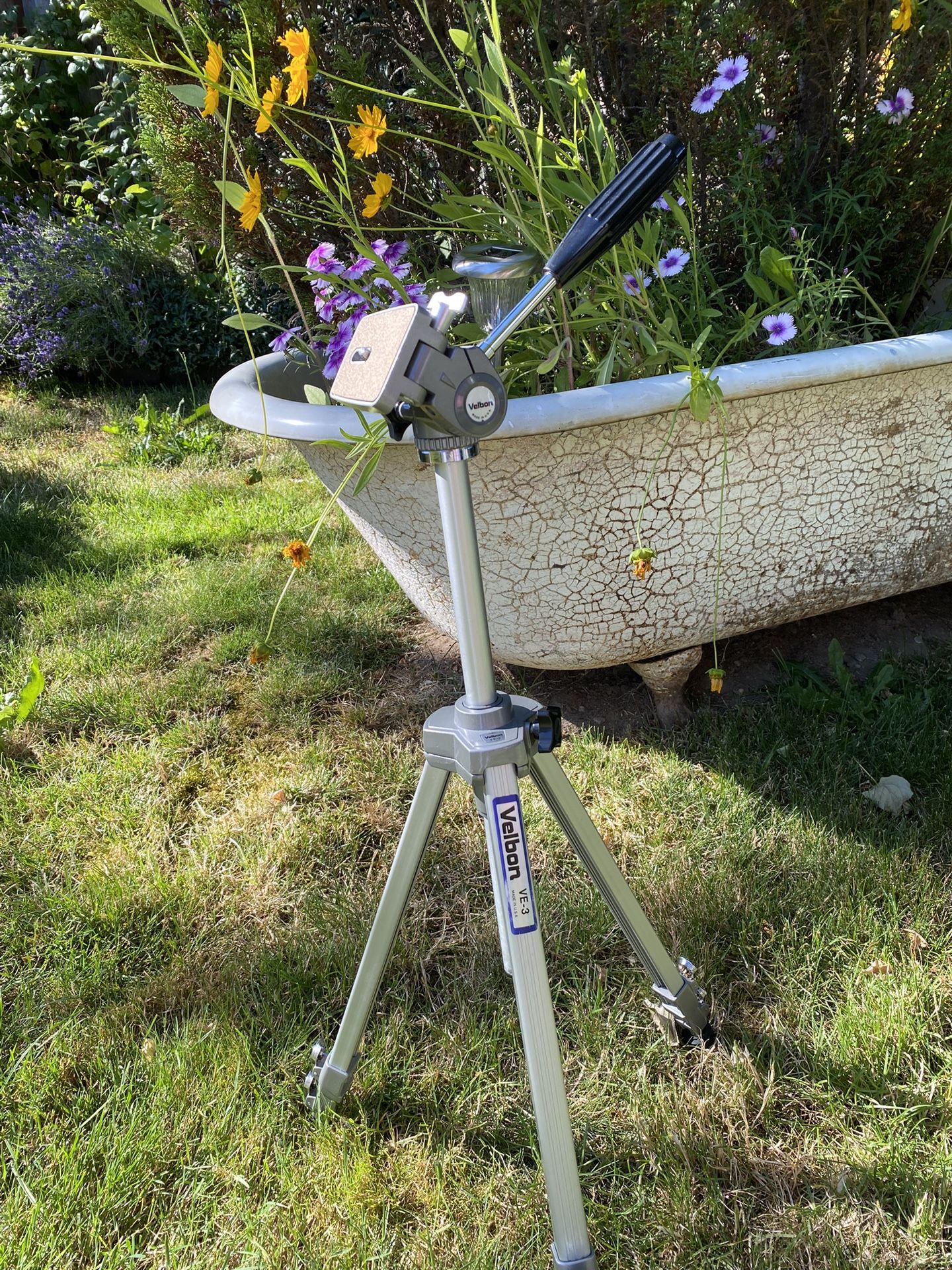 Vintage Velbon VE-3 Aluminum Tripod with Pan-Tilt Head Foldable/Collapsible- Made In The USA