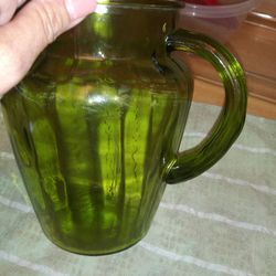5 Antique/Vintage GREEN GLASS Pitchers 