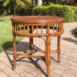 Vintage Ethan Allen Round Rattan Top Bamboo Wood Round Side End Table 
