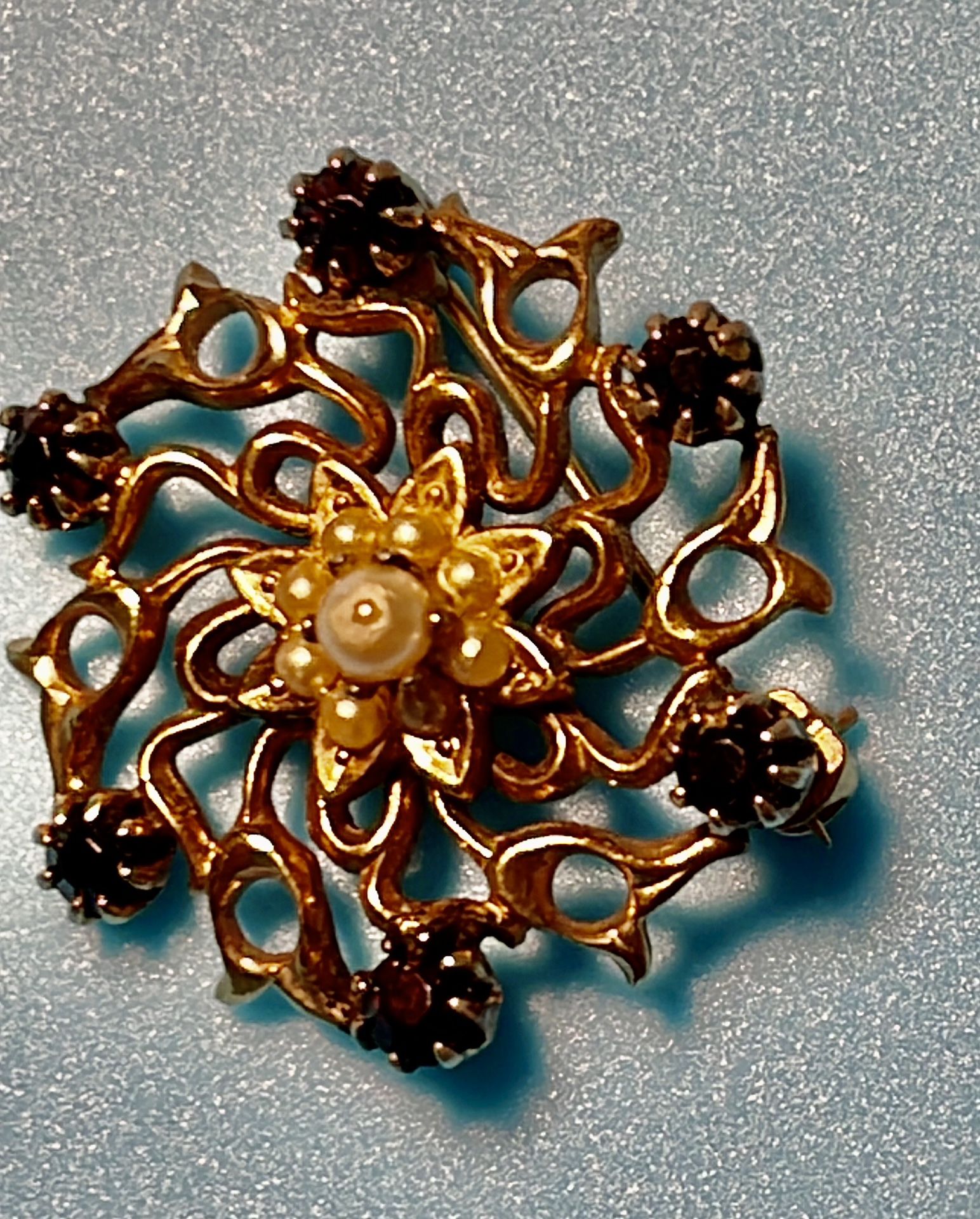 Vintage Ornate Golden Brooch With Sapphire Crystals & Central Pearl