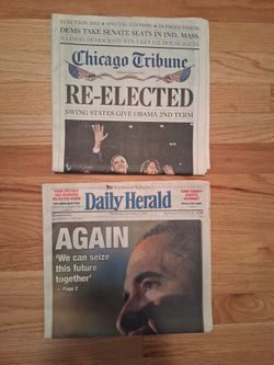 Obama 2012 Re-elected: Front Sections of Tribune and Daily Herald