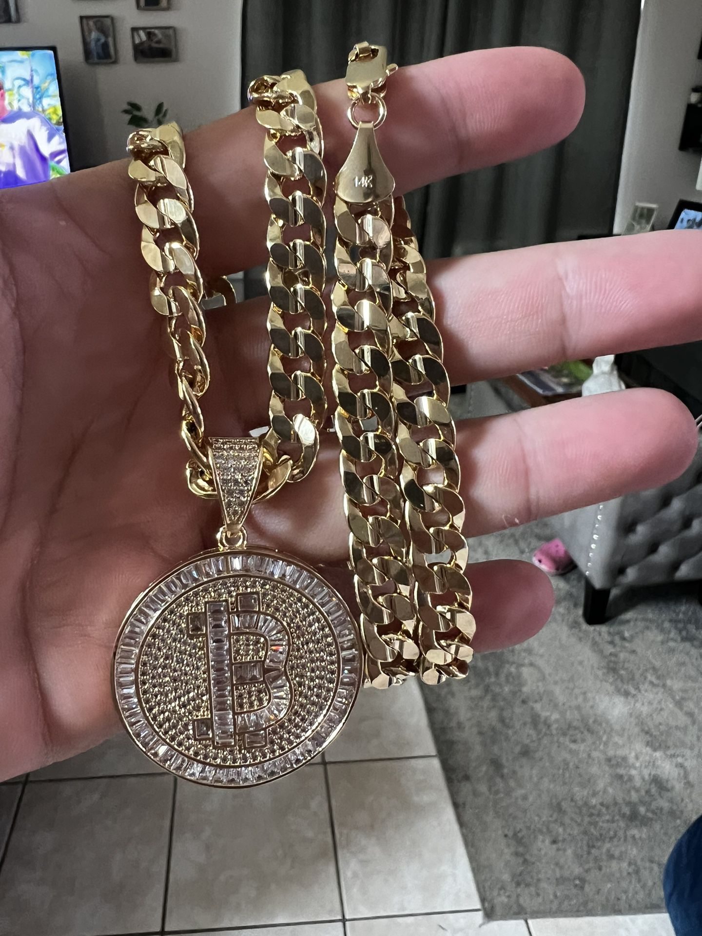 14k Gold  Over Silver Cuban Chain  And Bitcoin Pendant 