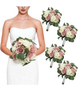 Set of 4 Bouquets, 11” Artificial Flower Bouquets for Wedding, Ceremony, Bridal Shower, Decoration - Dusty Pink & White