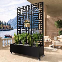 Metal Planter Box with Trellis,72"x47"x16"Galvanized Steel Outdoor Raised Garden Bed with Privacy Screen,with Drainage Holes & Lockable Casters for Cl