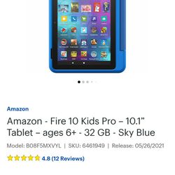 Amazon Fire 10 Kids Pro. 2021 Version $150. Sky Blue