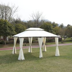 13x10 Outdoor Patio Gazebo Canopy Tent With Ventilated Double Roof And SideWall(Detachable Curtain Included On All Sides),Suitable for Lawn, Garden, B