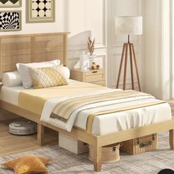 Twin Size Bed Frames with Rattan Headboard, Boho Solid Wood