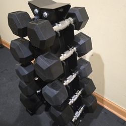 5lb, 10lb, 12lb, 15lb, And 25lb Rubber Hex Dumbbell Set With Rack 