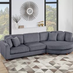 GREY CORDUROY SECTIONAL SOFA WITH ROUND CHAISE  