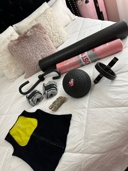 At home work out essentials foot weights sweat vest mat 10 pound ball thigh adductor jump rope ab roller wheel and foam roller all for $40