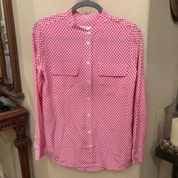 NWT~EQUIPMENT Magenta White Teardrop Print 100% Silk Collarless Shirt Size Small