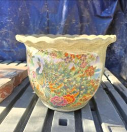 Large Ceramic Planter with Peacock Design