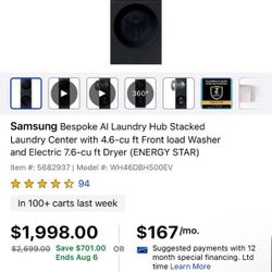 Samsung Bespoke Al Laundry Hub Stacked Laundry Center with 4.6-cu ft Front load Washer and Electric 7.6-cu ft Dryer (ENERGY STAR)