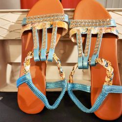 Blue Faux Rhinestone Trim Triple T Strap Wedge Sandals  12