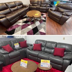Winter clearance sale. Madrid, leather reclining sofa and loveseat in brown or gray now $1099. Easy finance option. Same day delivery.