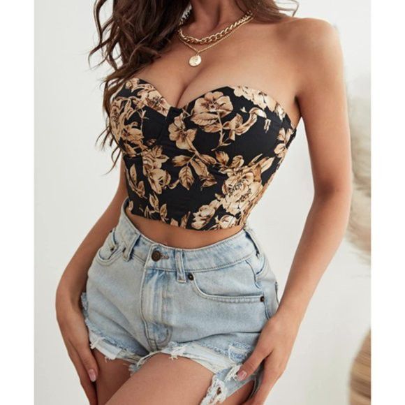 Floral Lace Up Bandeau Tube Crop Top‎ Strapless Sexy Corset Large Black & Tan