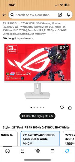 White ASUS ROG Strix 27” 4K HDR USB-C Gaming Monitor XG27UCG With Dual Mode With 3 Year Warranty
