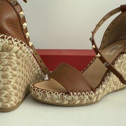 VALENTINO Rockstud Espadrille Wedge Sandals Shoe Brown Leather Size 38 (8 US)